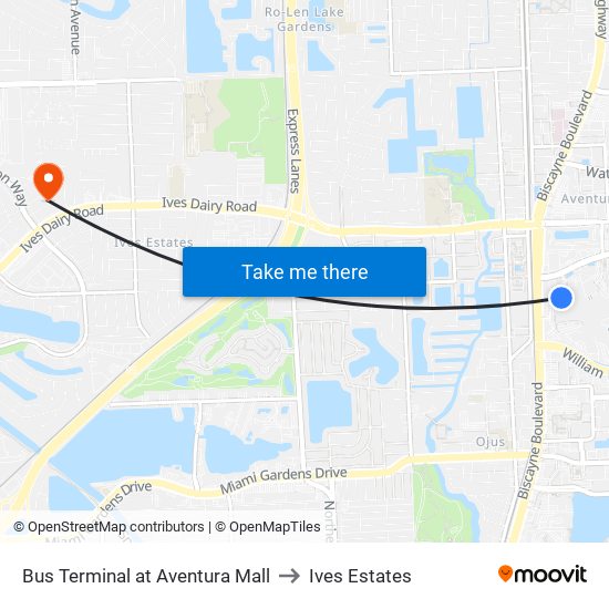 Bus Terminal at Aventura Mall to Ives Estates map