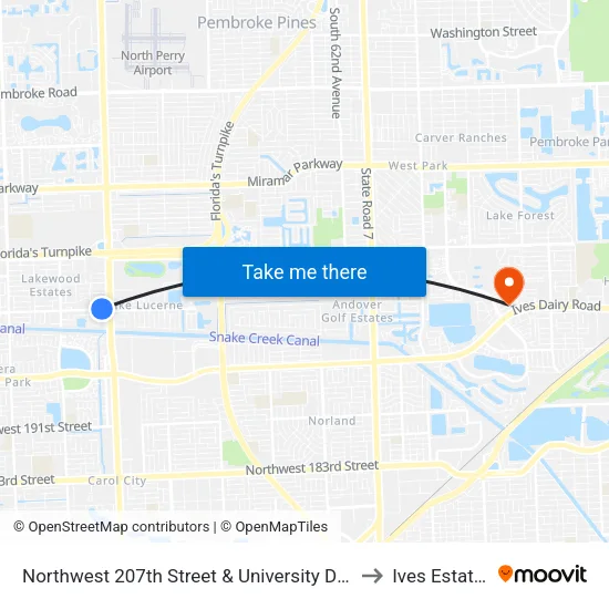Northwest 207th Street & University Drive to Ives Estates map