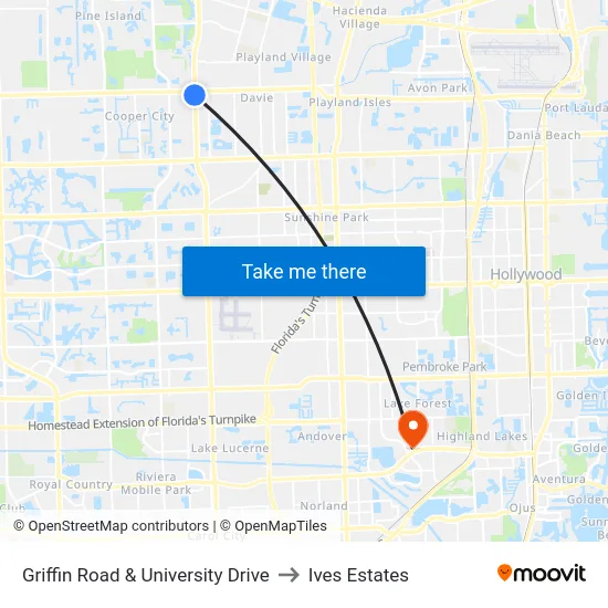 Griffin Road & University Drive to Ives Estates map