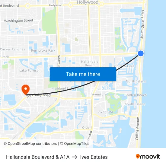 Hallandale Boulevard & A1A to Ives Estates map