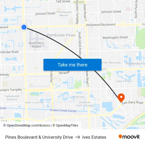 Pines Boulevard & University Drive to Ives Estates map
