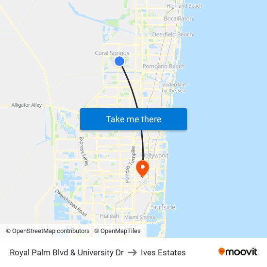 Royal Palm Blvd & University Dr to Ives Estates map