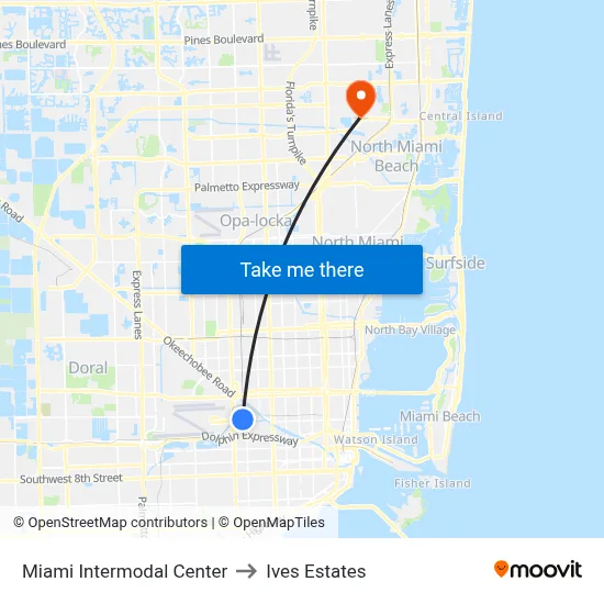 Miami Intermodal Center to Ives Estates map