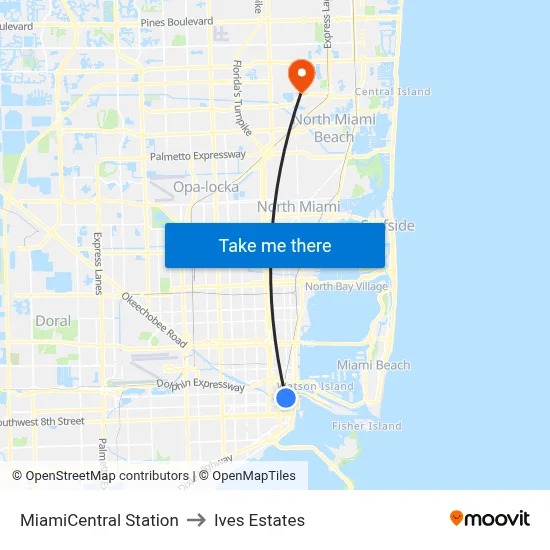 MiamiCentral Station to Ives Estates map