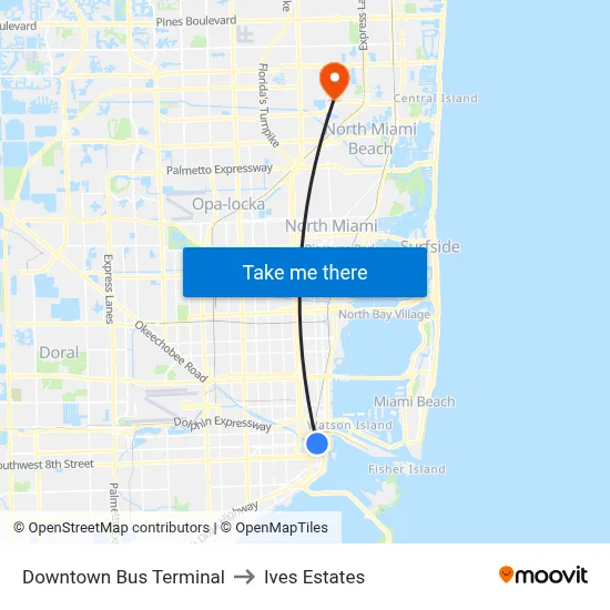 Downtown Bus Terminal to Ives Estates map