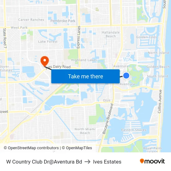 W Country Club Dr@Aventura Bd to Ives Estates map