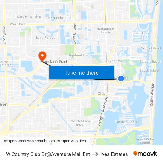 W Country Club Dr@Aventura Mall Ent to Ives Estates map