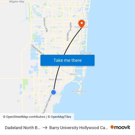 Dadeland North Bay 6 to Barry University Hollywood Campus map