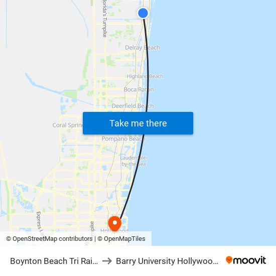 Boynton Beach Tri Rail Station to Barry University Hollywood Campus map