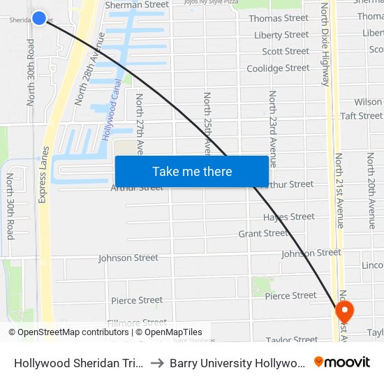 Hollywood Sheridan Trirail Station to Barry University Hollywood Campus map