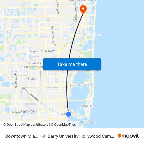 Downtown Miami to Barry University Hollywood Campus map