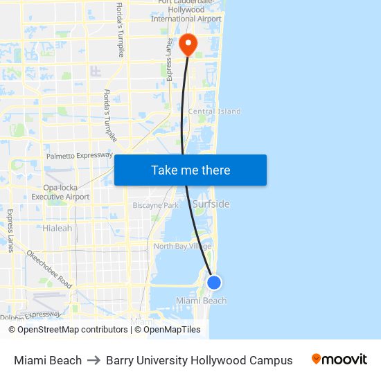 Miami Beach to Barry University Hollywood Campus map