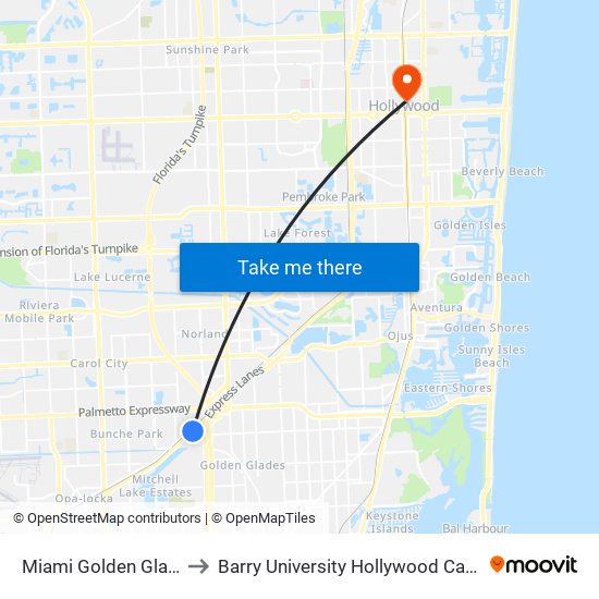 Miami Golden Glades to Barry University Hollywood Campus map
