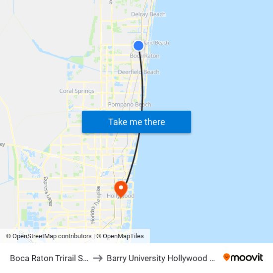 Boca Raton Trirail Station to Barry University Hollywood Campus map