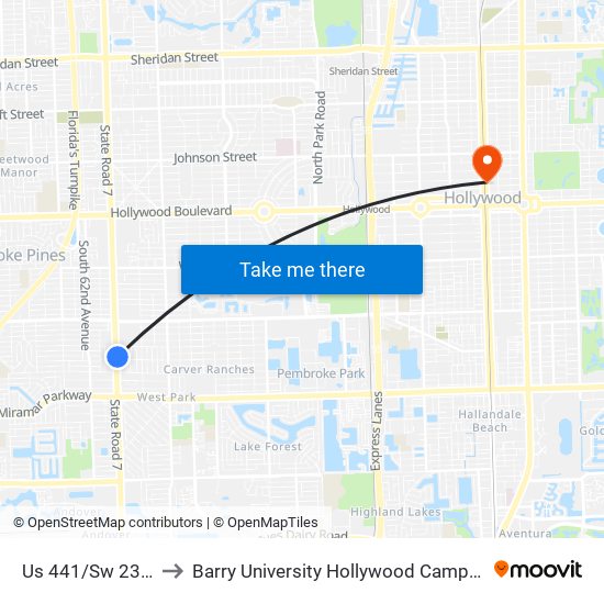 Us 441/Sw 23 S to Barry University Hollywood Campus map