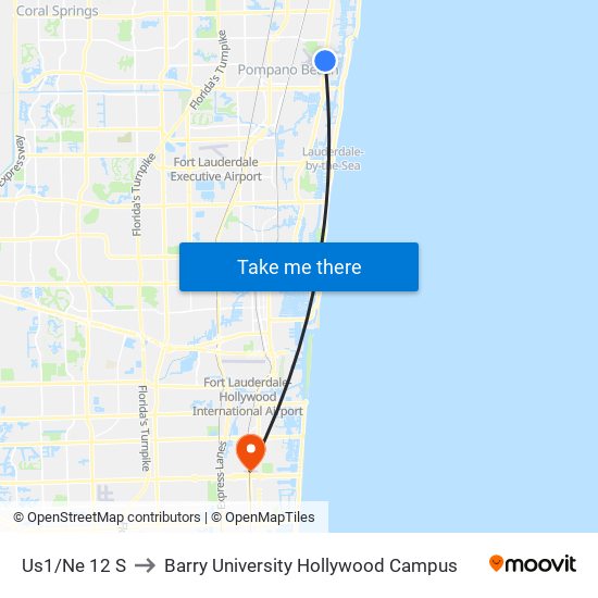 Us1/Ne 12 S to Barry University Hollywood Campus map