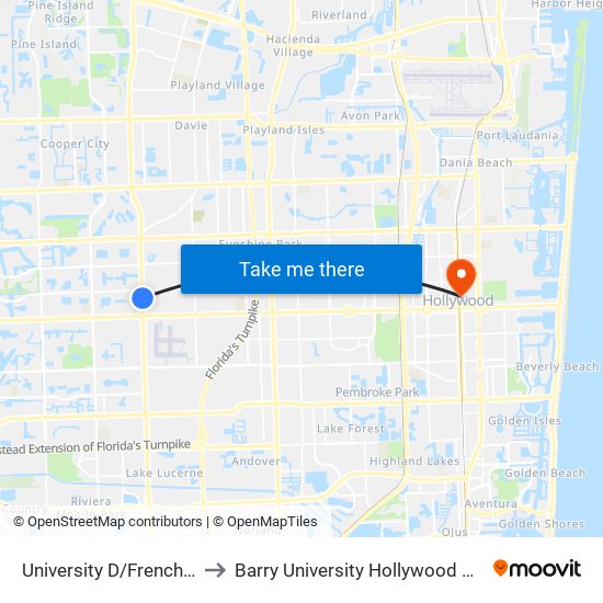 University D/French Drive to Barry University Hollywood Campus map