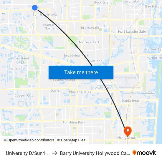 University D/Sunrise B to Barry University Hollywood Campus map