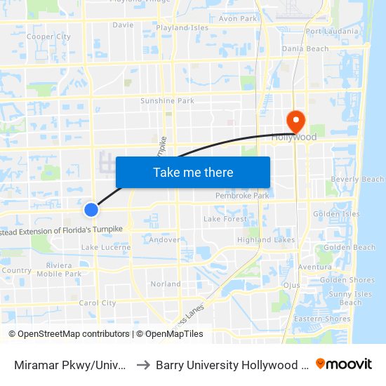 Miramar Pkwy/University D to Barry University Hollywood Campus map
