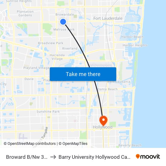 Broward B/Nw 35 A to Barry University Hollywood Campus map