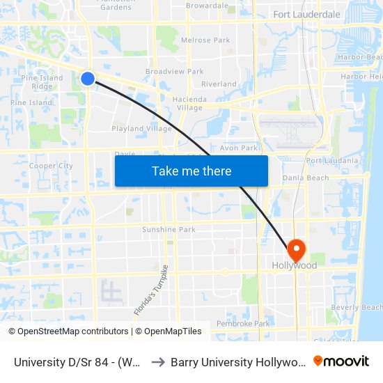 UNIVERSITY D/SR 84 - (WHOLE FOODS) to Barry University Hollywood Campus map