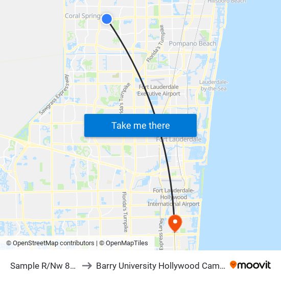 Sample R/Nw 85 A to Barry University Hollywood Campus map