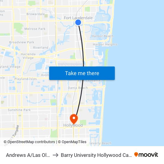 ANDREWS A/LAS OLAS B to Barry University Hollywood Campus map