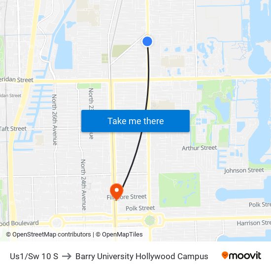 Us1/Sw 10 S to Barry University Hollywood Campus map