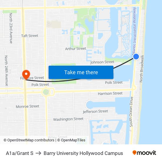 A1a/Grant S to Barry University Hollywood Campus map