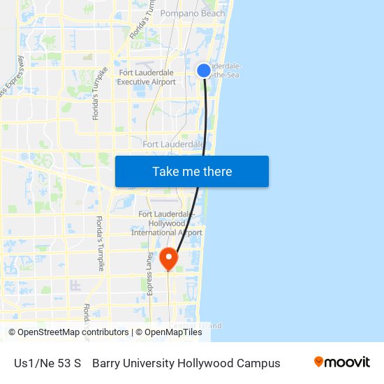 Us1/Ne 53 S to Barry University Hollywood Campus map