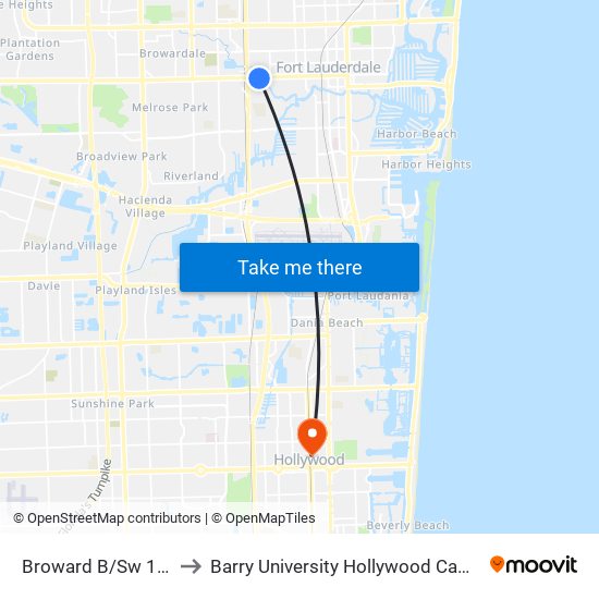 Broward B/Sw 18 A to Barry University Hollywood Campus map