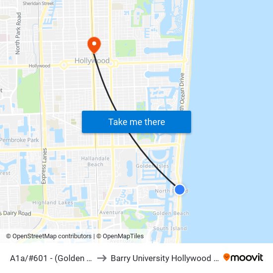 A1a/#601 - (Golden Beach) to Barry University Hollywood Campus map