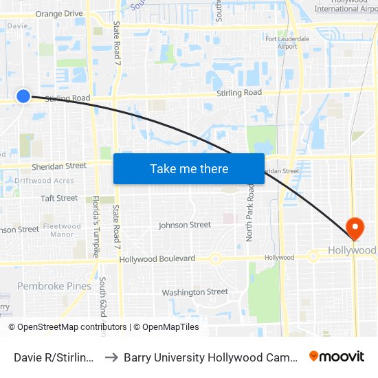 DAVIE R/STIRLING R to Barry University Hollywood Campus map