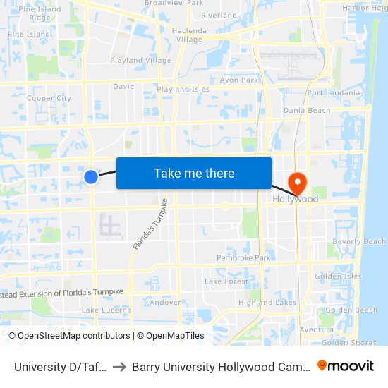 University D/Taft S to Barry University Hollywood Campus map