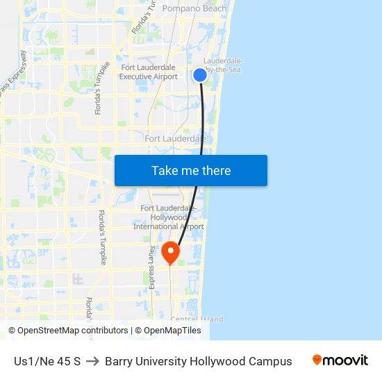 US1/NE 45 S to Barry University Hollywood Campus map