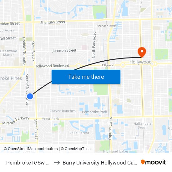 Pembroke R/Sw 62 A to Barry University Hollywood Campus map