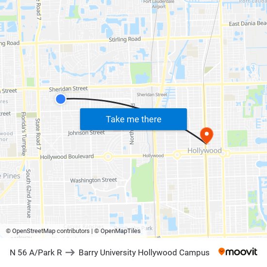 N 56 A/Park R to Barry University Hollywood Campus map