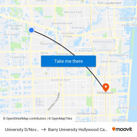 UNIVERSITY D/NOVA D to Barry University Hollywood Campus map