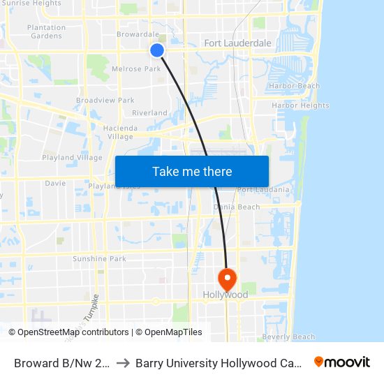 Broward B/Nw 29 A to Barry University Hollywood Campus map