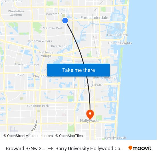 Broward B/Nw 27 A to Barry University Hollywood Campus map