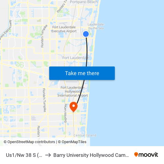 Us1/Nw 38 S (N) to Barry University Hollywood Campus map