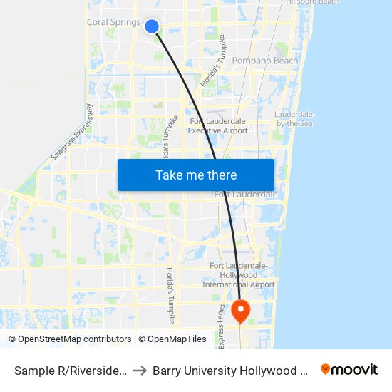 Sample R/Riverside D (E) to Barry University Hollywood Campus map