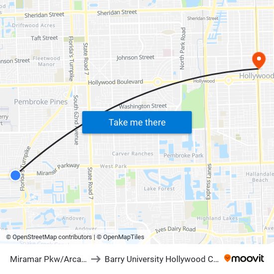 MIRAMAR PKW/ARCADIA A to Barry University Hollywood Campus map