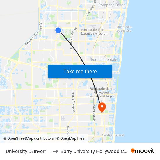 University D/Inverrary B to Barry University Hollywood Campus map
