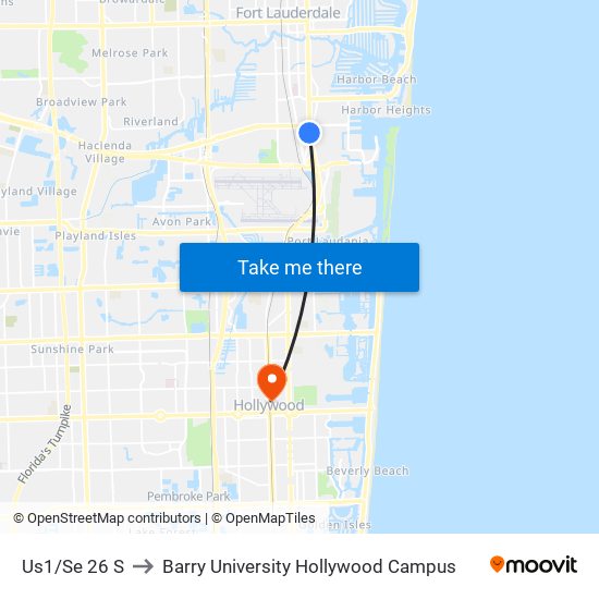 Us1/Se 26 S to Barry University Hollywood Campus map