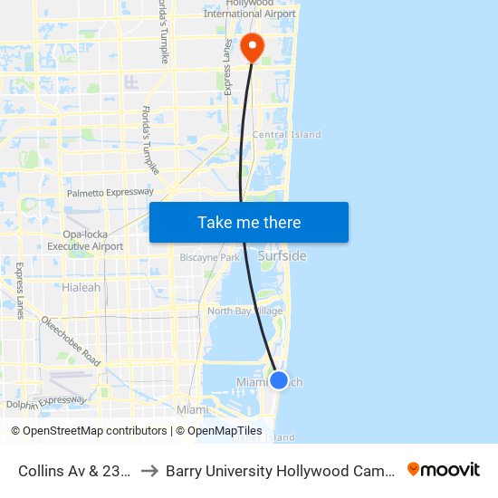 Collins Av & 23 St to Barry University Hollywood Campus map
