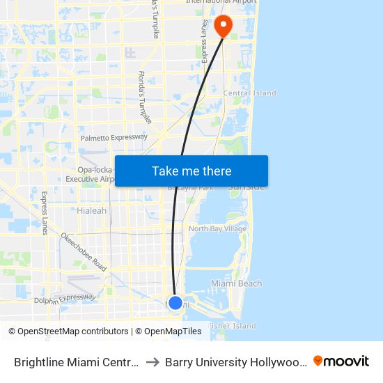 Brightline Miami Central Station to Barry University Hollywood Campus map