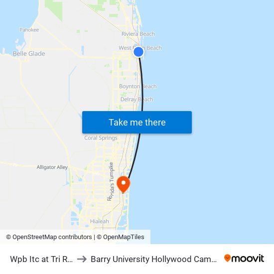 Wpb Itc at Tri Rail to Barry University Hollywood Campus map