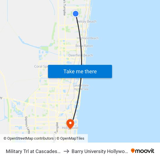 Military Trl at Cascades Lakes Blvd to Barry University Hollywood Campus map