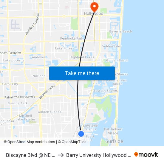 Biscayne Blvd @ NE 123 St to Barry University Hollywood Campus map